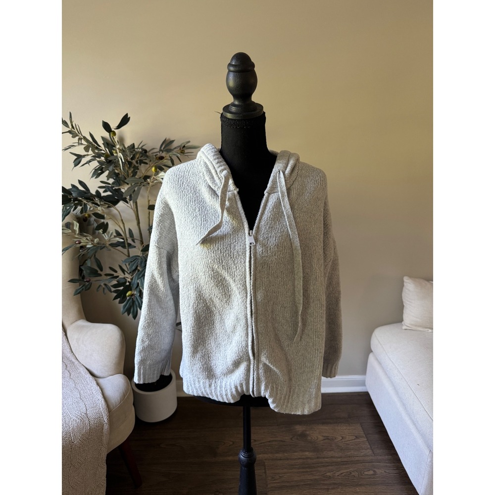 Pink Rose Womens Light Gray Knit Zip Up Hoodie Sweater Size L Relaxed Fit